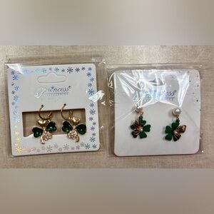 2 pair gold Princess Accessories Dangle Earrings Green Clover - Flower Crystal